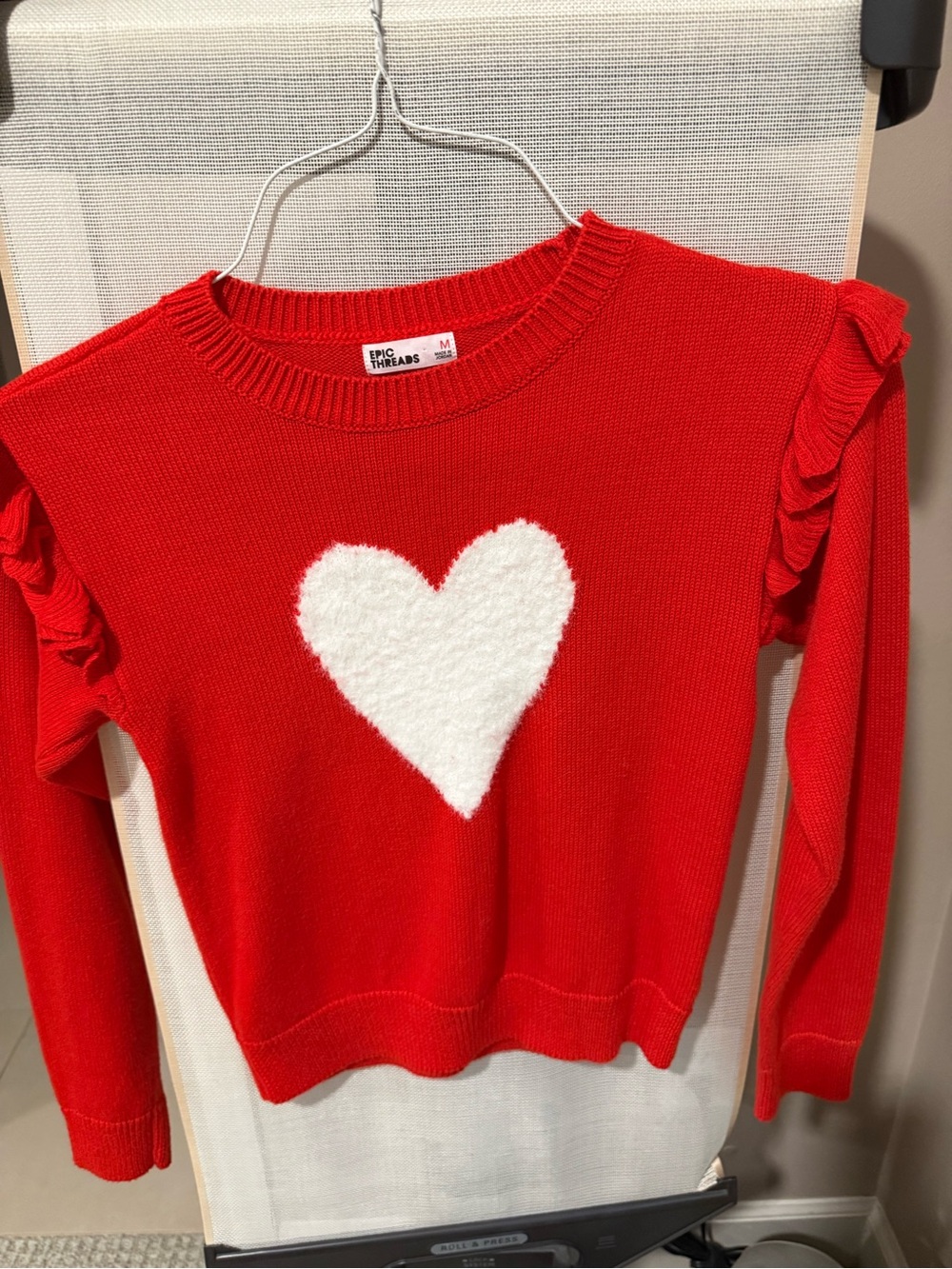 Epic Threads Red Sweater with White Heart and Ruffle Sleeves